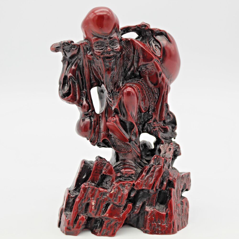 Vintage Shou Lao Chinese God of Longevity 5" Figurine Red Resin Feng Shui